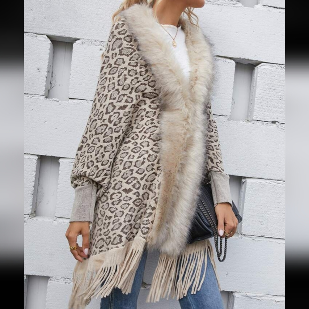 SHEIN Women's Leopard Print Fuzzy Batwing Sleeves Duster Cardigan Size Small π - Picture 3 of 10